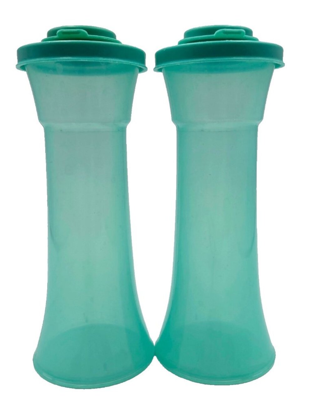 Vintage Tupperware Green Blue Hourglass Salt & Pepper Shakers Set 6” Read